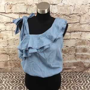 Express Double Ruffle One Shoulder Denim Top
